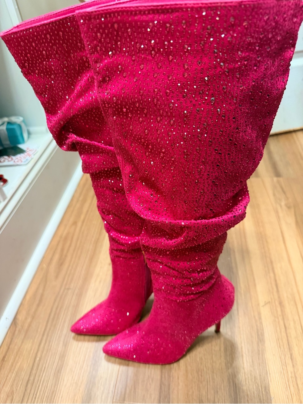 Women's Fuchsia Suede Over-the-Knee Heeled Boots with Sparkle